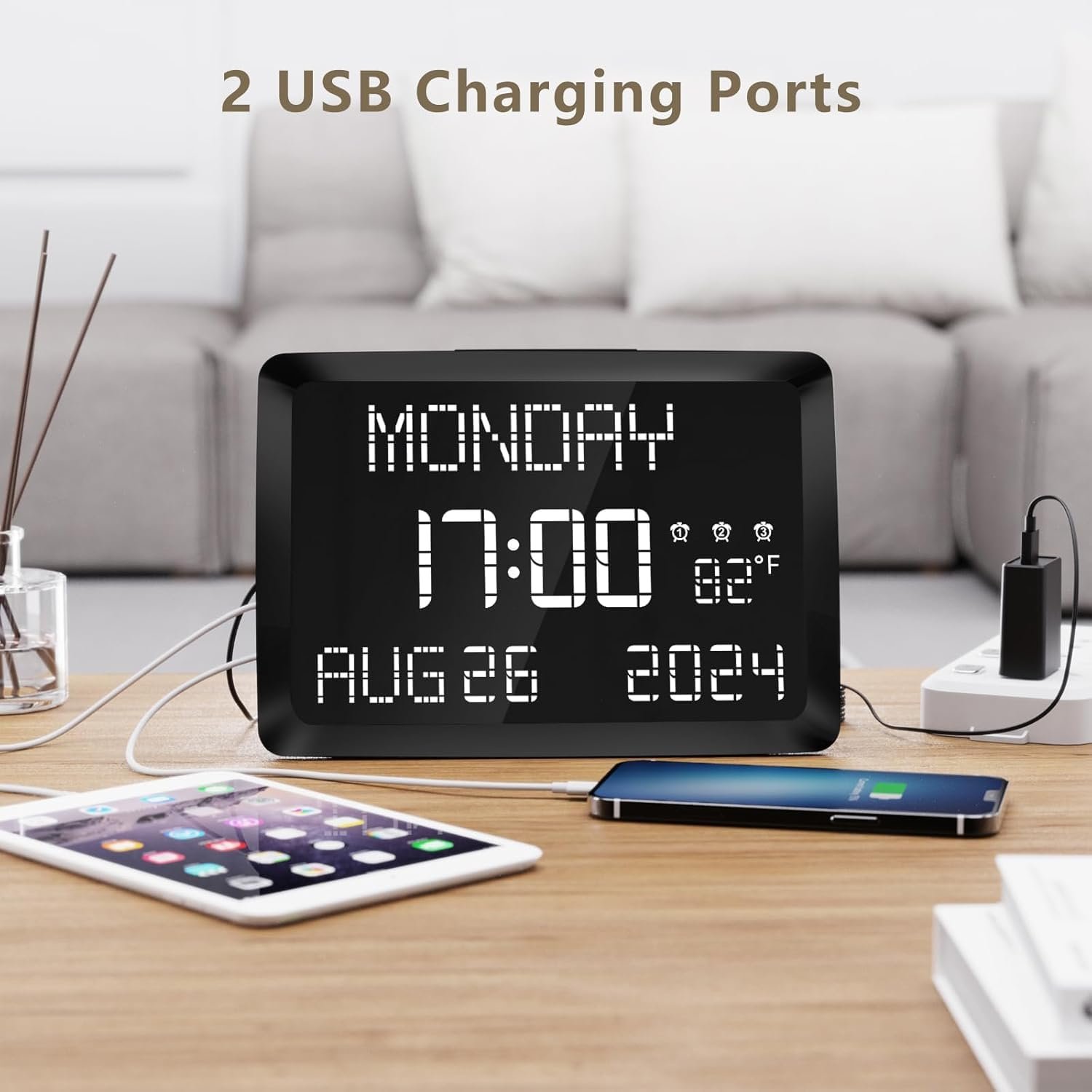 Large LED Word Display Dimmable Digital Wall Clock,Adjustable Brightness Digital Alarm Clock